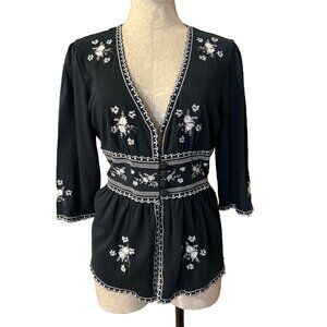 Essentials ABS Cardigan Top L Large Navy Blue White Embroidered New